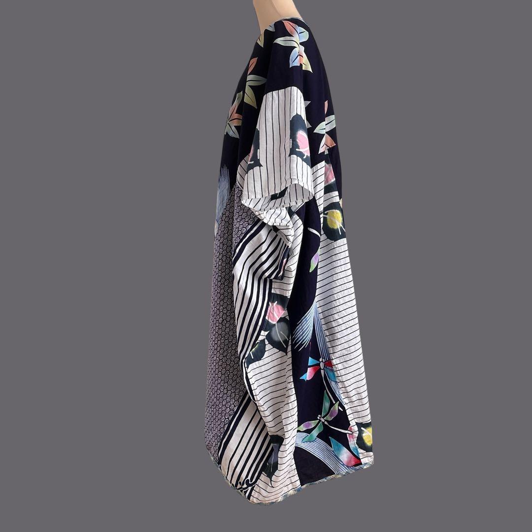 (う23) 光と影を纏う✨花と縞が織りなす浴衣リメイクワンピース