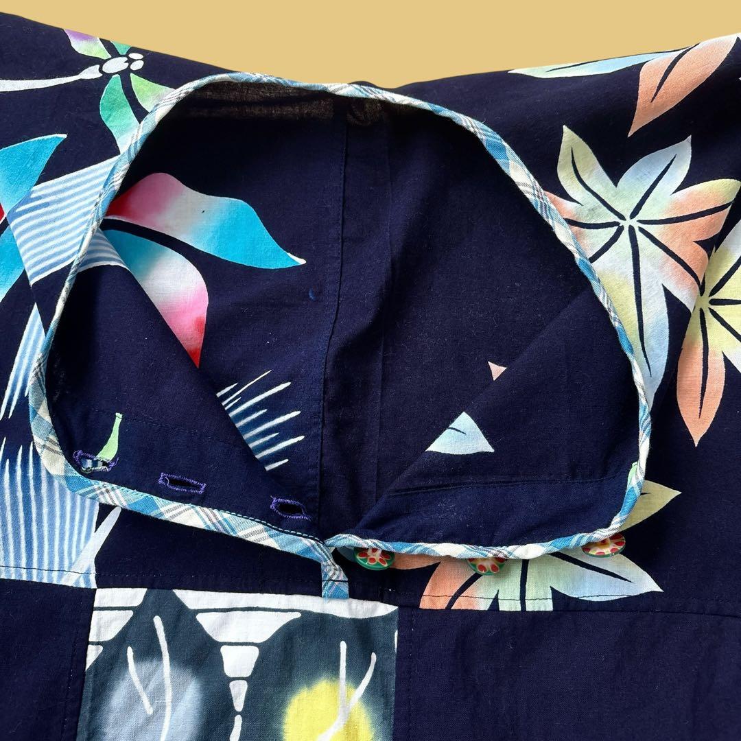 (う23) 光と影を纏う✨花と縞が織りなす浴衣リメイクワンピース