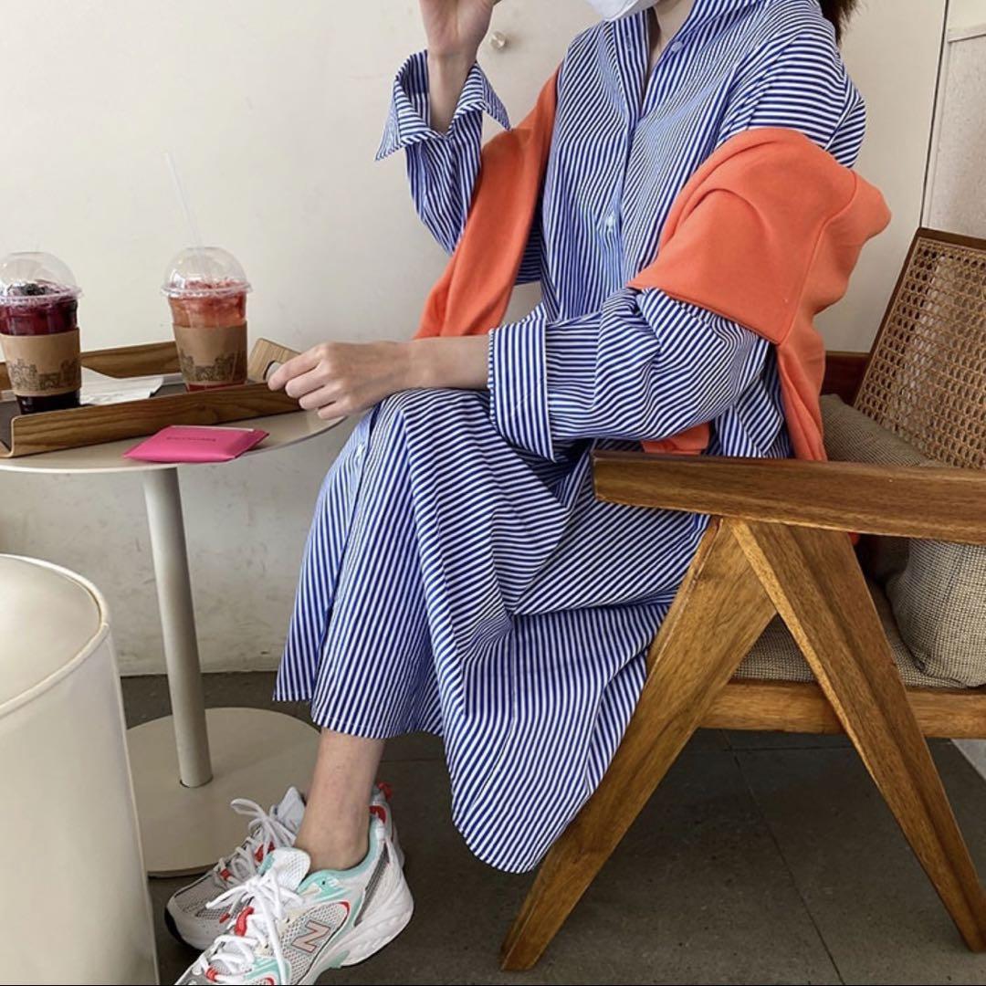 シャツワンピース ロングワンピース ストライプ ブルー Mサイズ残り2点 ...