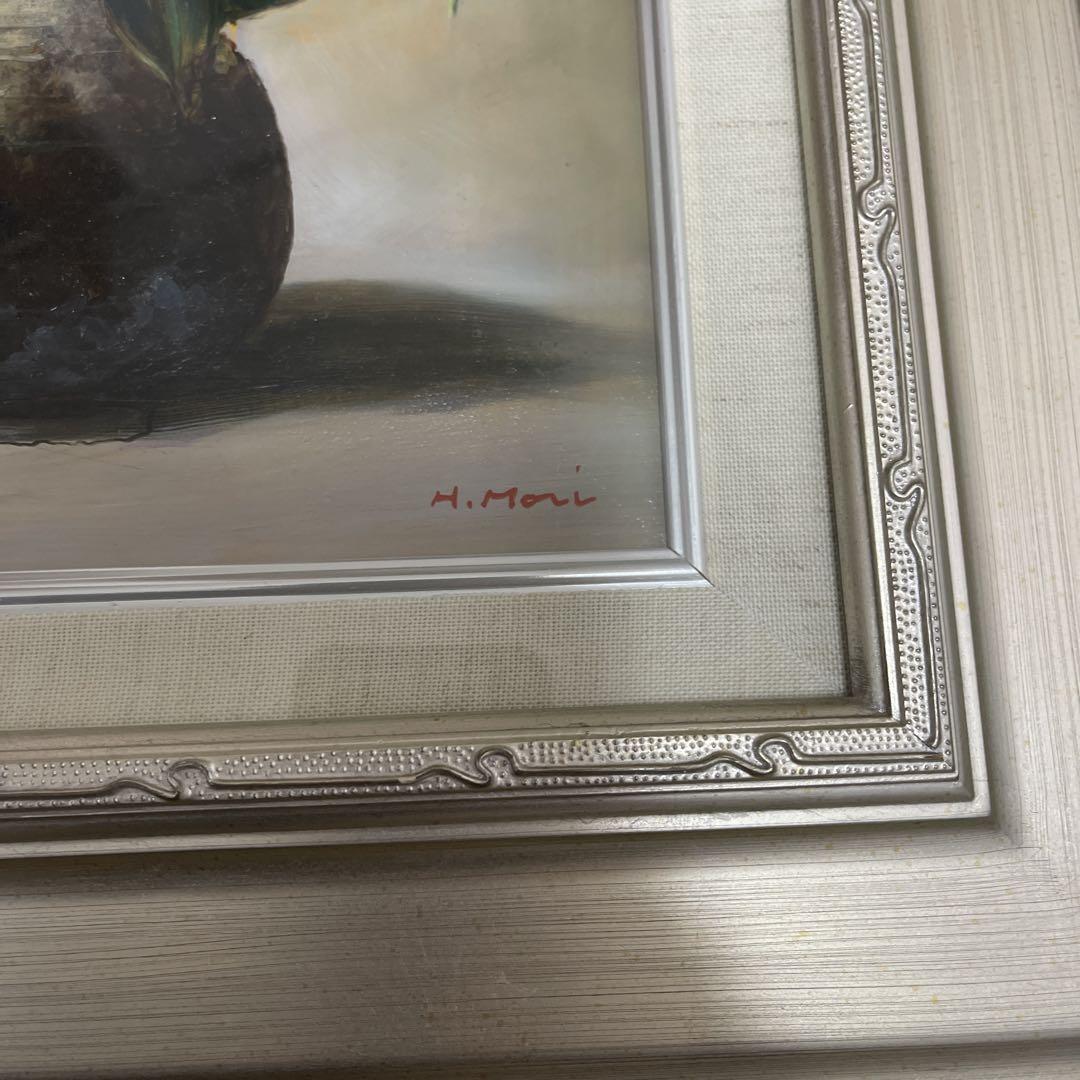 森久　油彩画 備前焼と椿　アンティーク　絵画　花