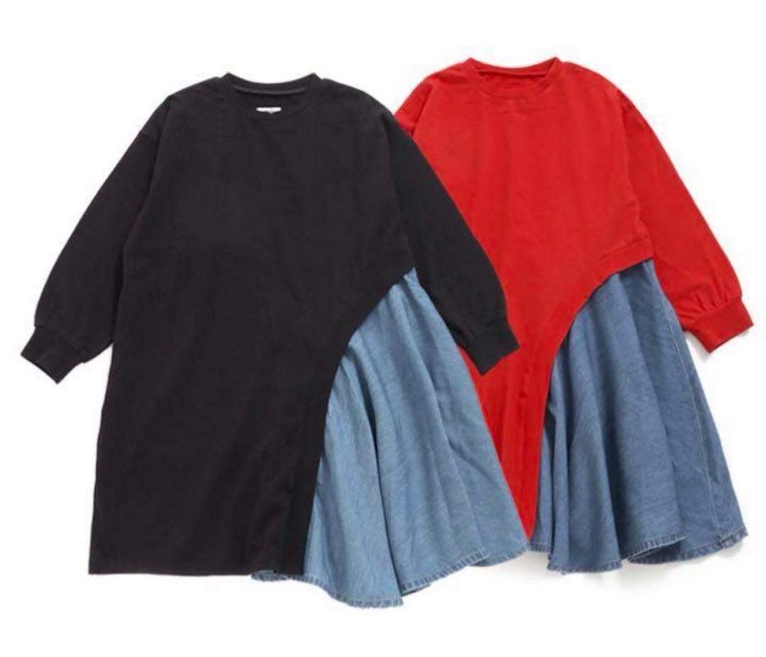 新品オーシャンアンドグラウンド　デニム切り替えアシンメトリー　ワンピース