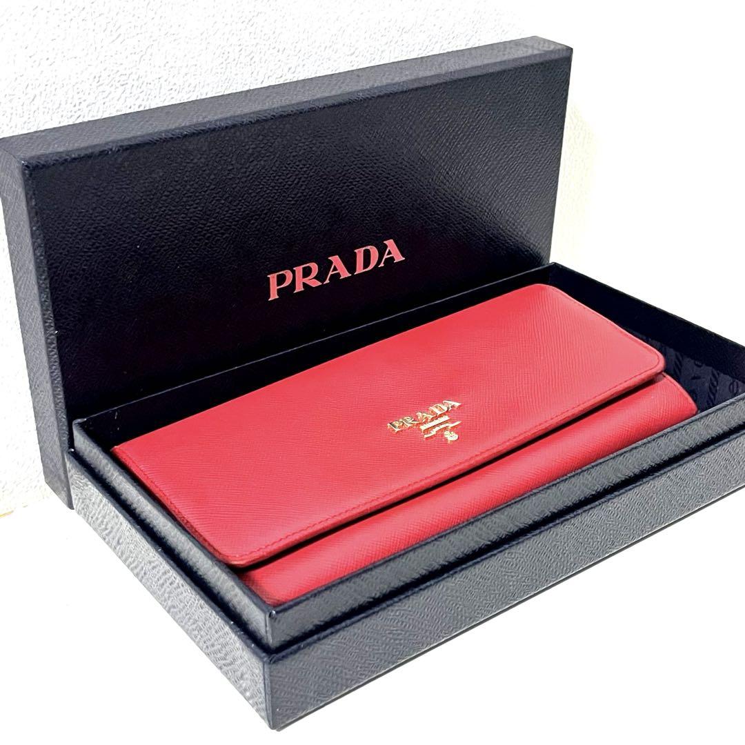 PRADA】 化粧箱付き◇赤レッド◇サフィアーノレザー◇ゴールドロゴ