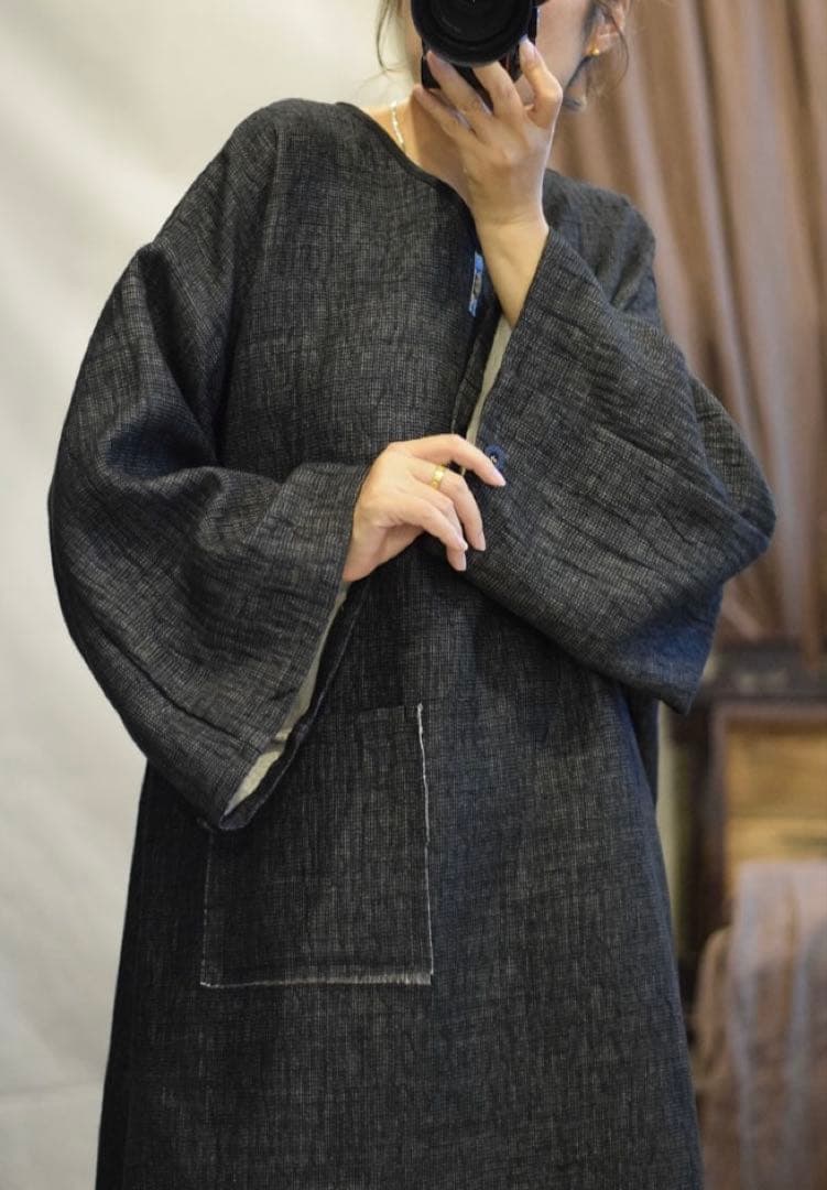 麻 Vネック ゆったり ワンピース ブラック SIZE