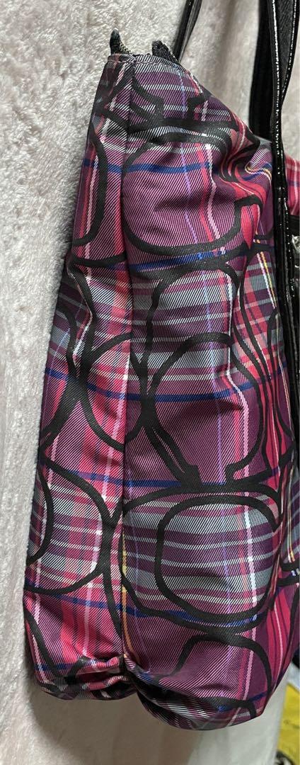 いラインアップ COACH コーチ パープル系 チェック、シグネチャー柄 トート バッグ