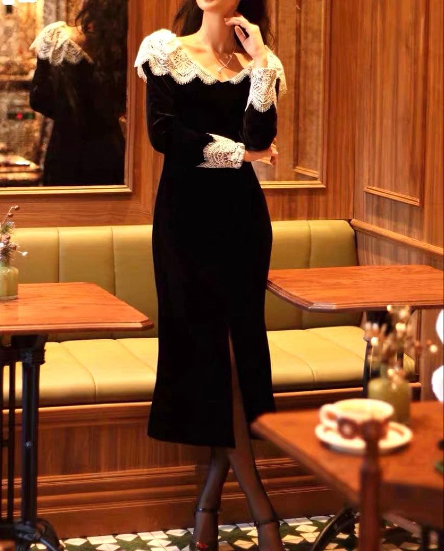 ベルベットロングワンピース レトロで魅力的な一着M