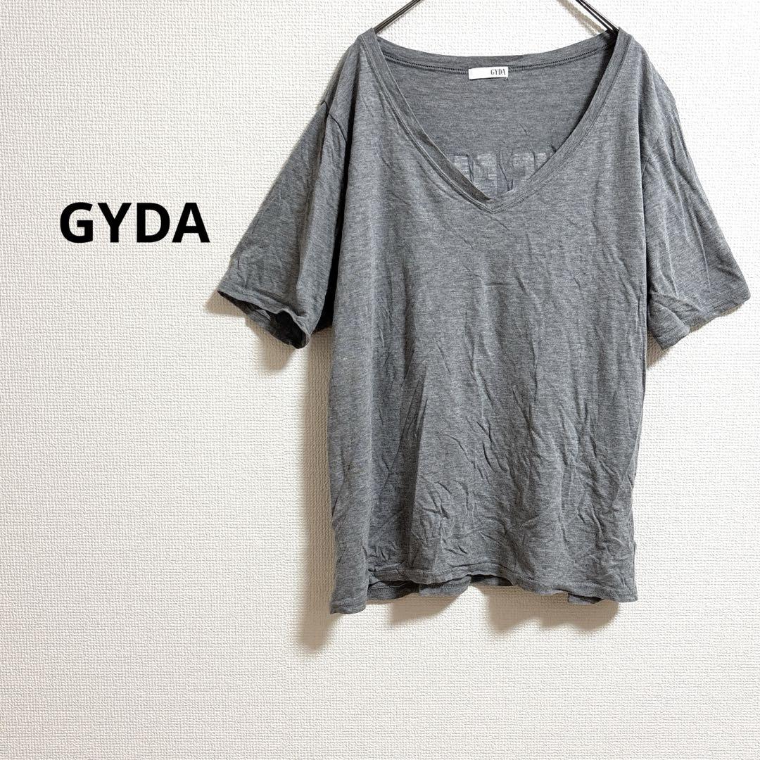 b559【GYDA】Vネック半袖ドロショルTシャツ　英字プリントルーズカジュアル