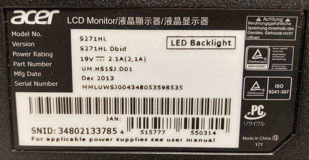 Acer S271HLDbid 27インチ液晶モニター　HDMI