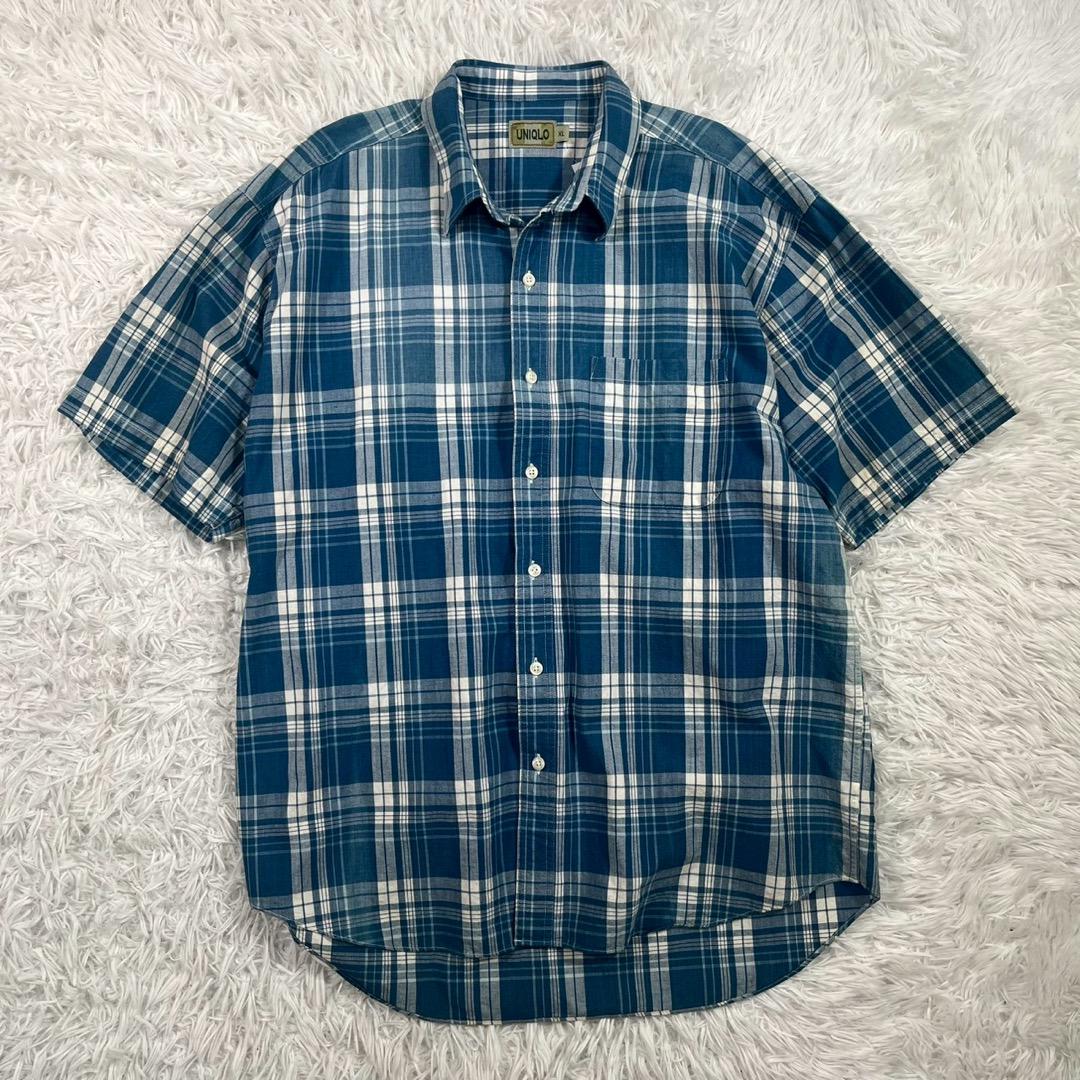 90s ユニクロ 半袖シャツ オールドユニクロ 古着【XL】チェック ブルー 白