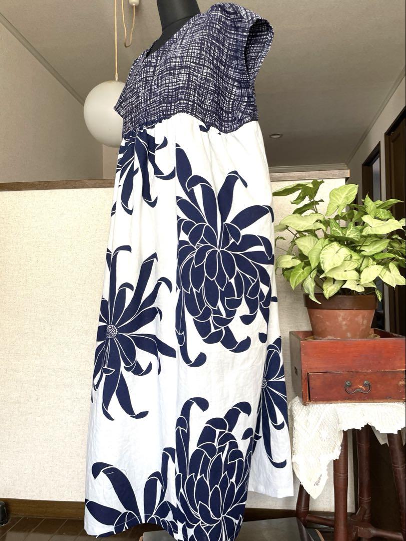 ハンドメイド　涼しい　夏ワンピース 着物　浴衣リメイク　ギャザー大柄ワンピ