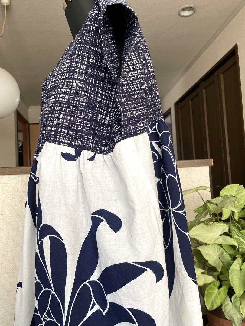 ハンドメイド　涼しい　夏ワンピース 着物　浴衣リメイク　ギャザー大柄ワンピ