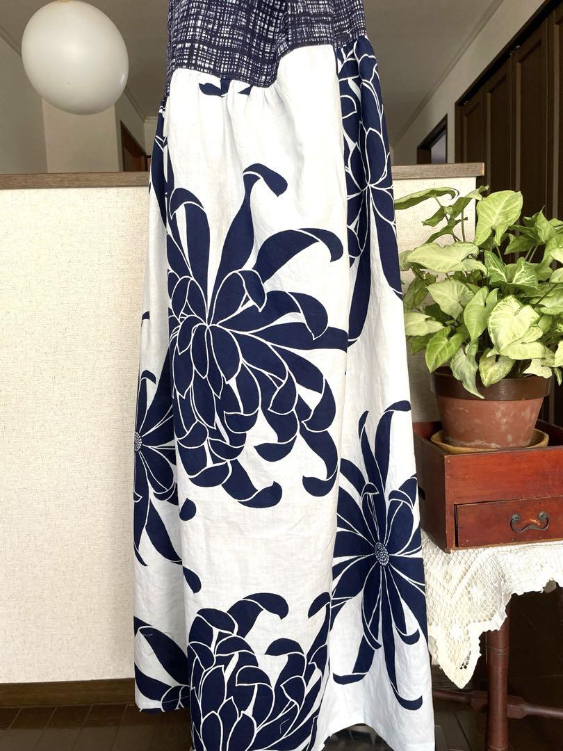 ハンドメイド　涼しい　夏ワンピース 着物　浴衣リメイク　ギャザー大柄ワンピ