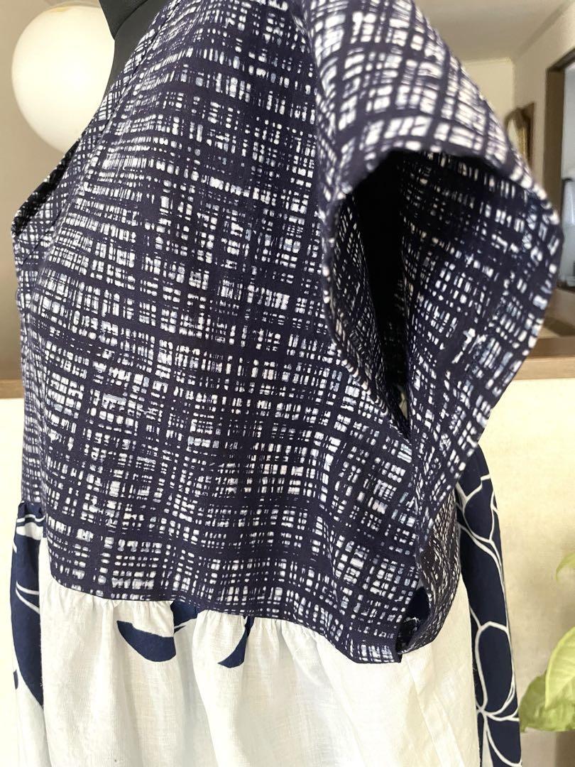 ハンドメイド　涼しい　夏ワンピース 着物　浴衣リメイク　ギャザー大柄ワンピ