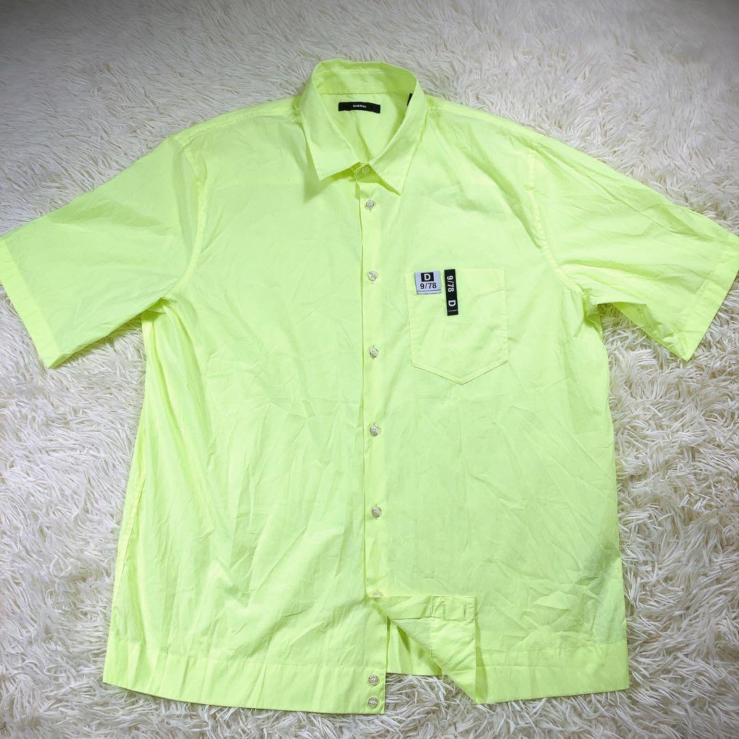 【美品】ディーゼル　半袖　シャツ　蛍光色　黄色　メンズ　XL 大きめ　前ボタン