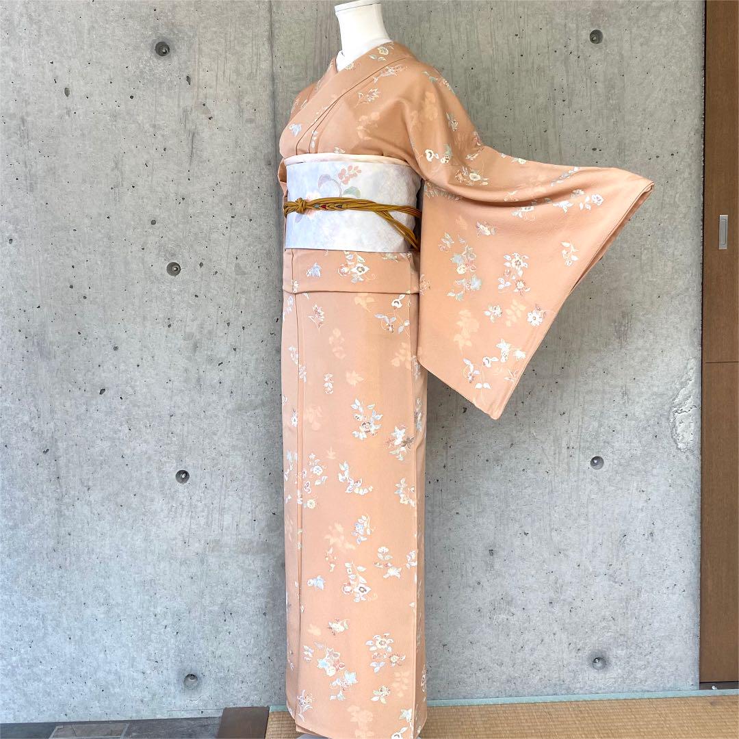 正絹 小紋 オレンジベージュ 花柄 袷 正絹 小紋 オレンジベージュ 花柄 袷