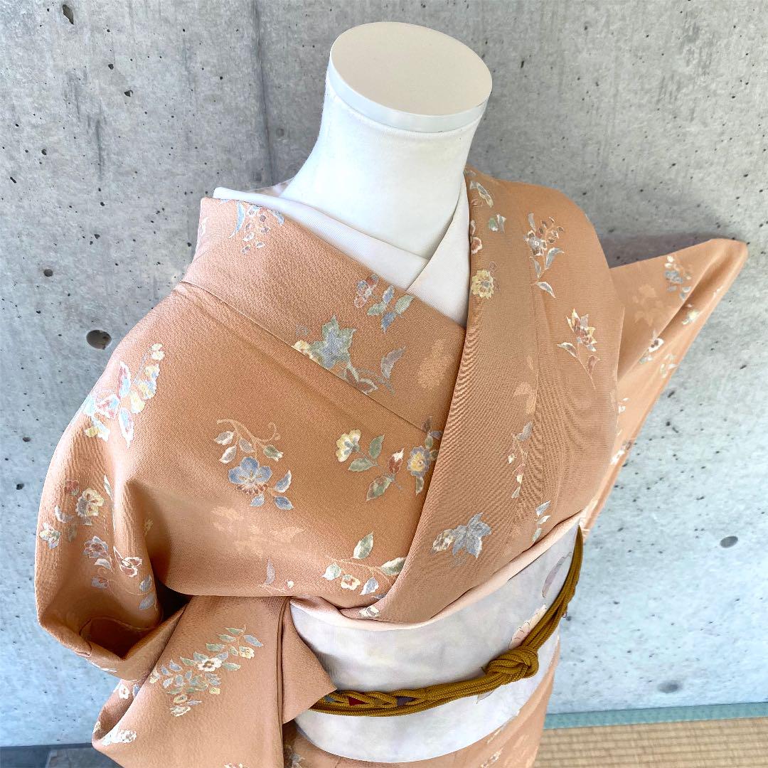 正絹 小紋 オレンジベージュ 花柄 袷 正絹 小紋 オレンジベージュ 花柄 袷