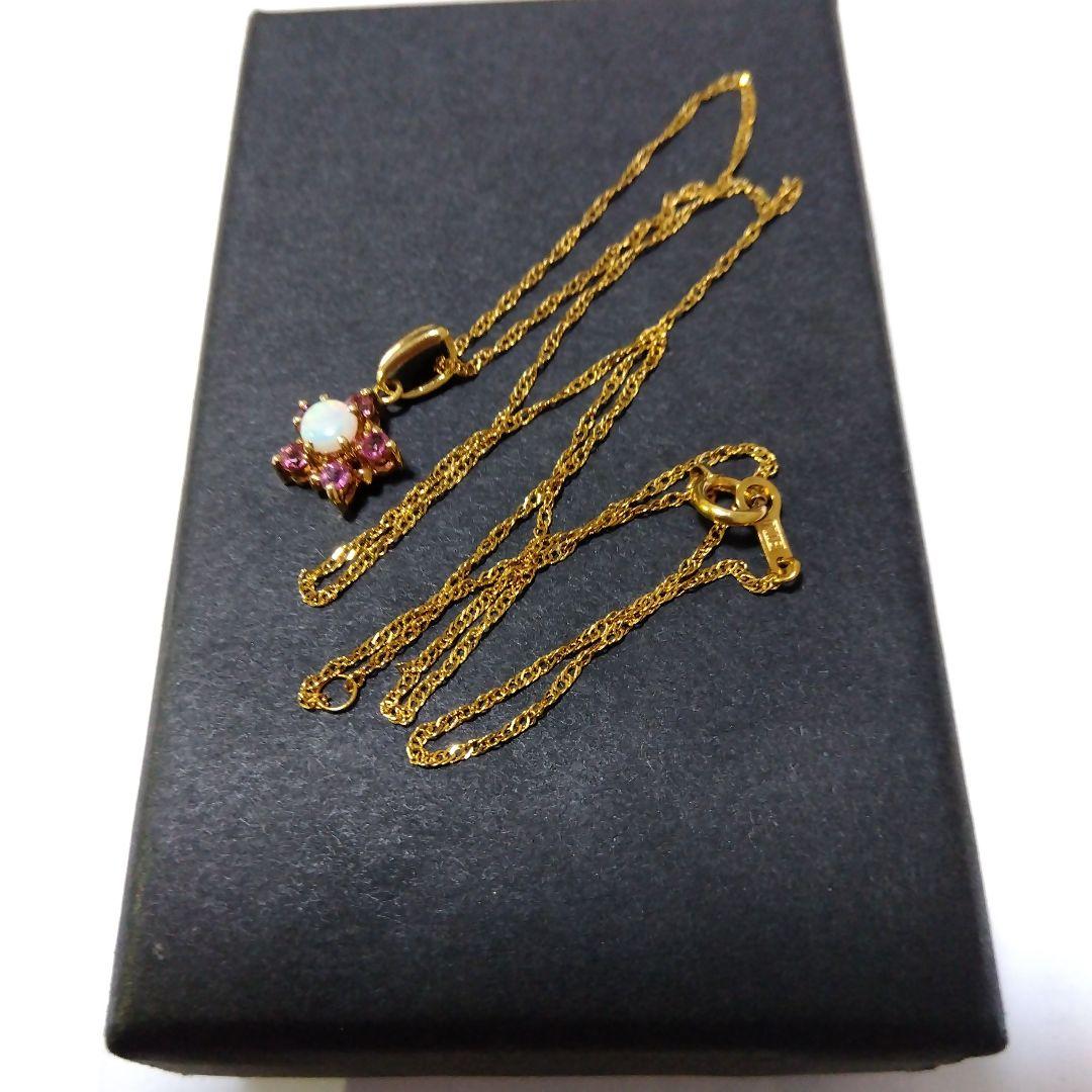 K18YG天然オパールとピンクサファイアフラワーデザイン ヴィンテージネックレス