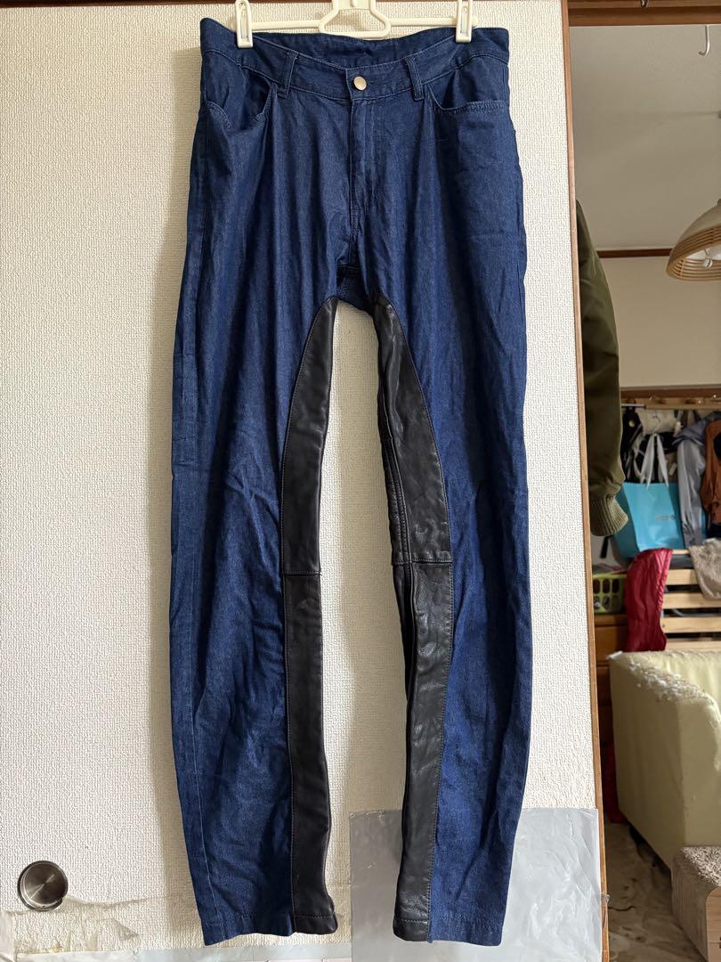 デグナーネイビー デニム レザー パンツ。メンズsizeS