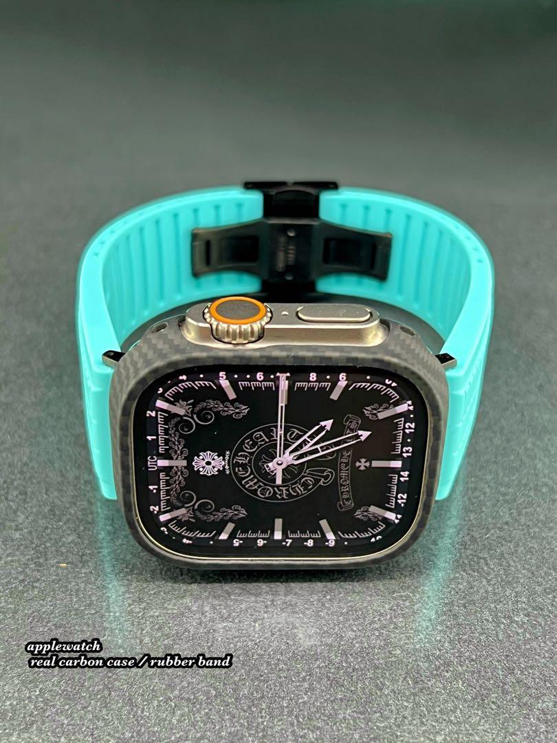 46mm 49mm アップルウォッチ用　リアルカーボンケース　ラバーベルト