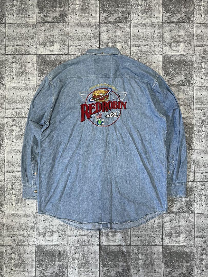 90s RED ROBIN 米国ハンバーガーショップ デニムシャツ オール刺繍