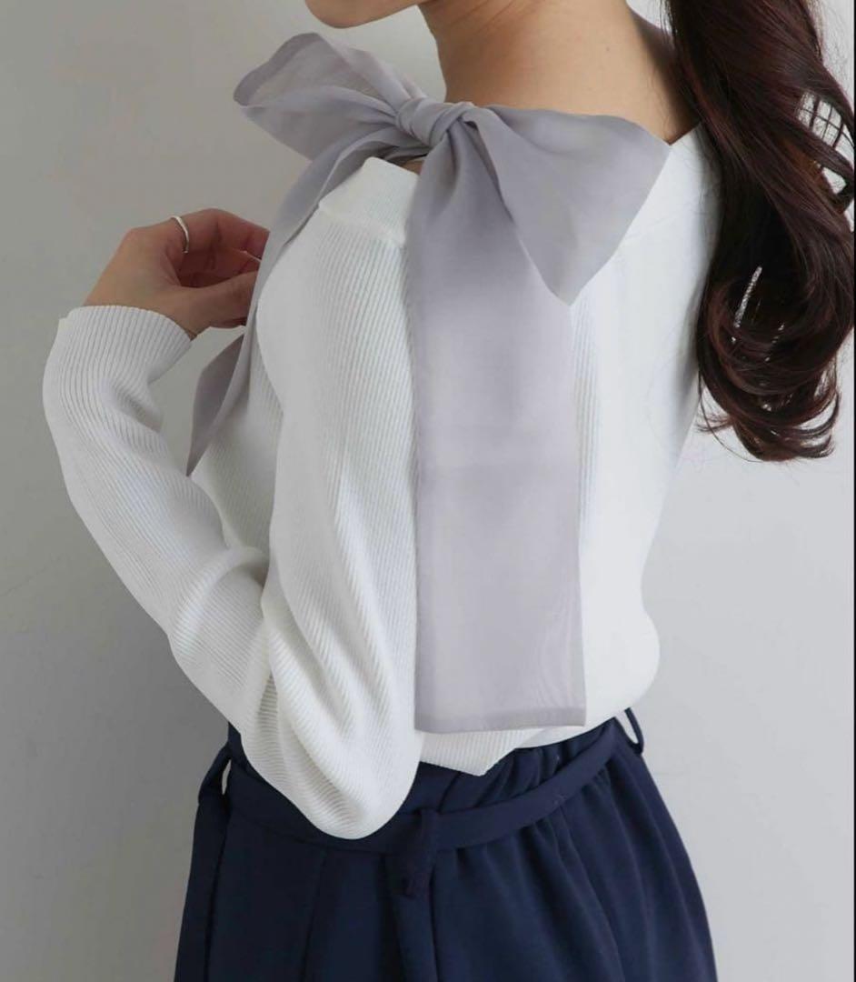 La boutique BonBon オフショルリボン付きリブニット ホワイト SIZE La boutique BonBon