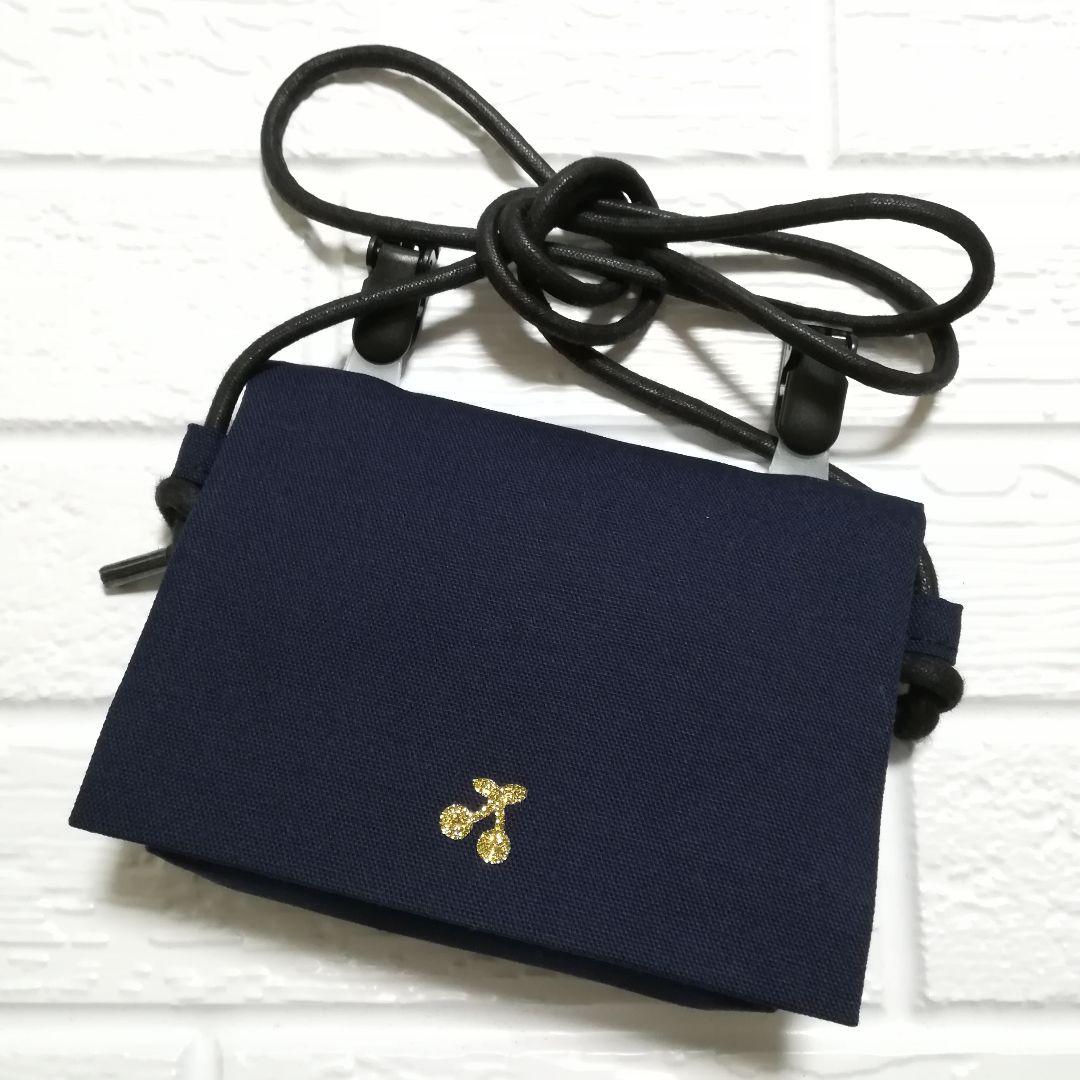 マチ付き ネイビー 小さなさくらんぼ☆ ショルダーストラップ付 ☆移動ポケット