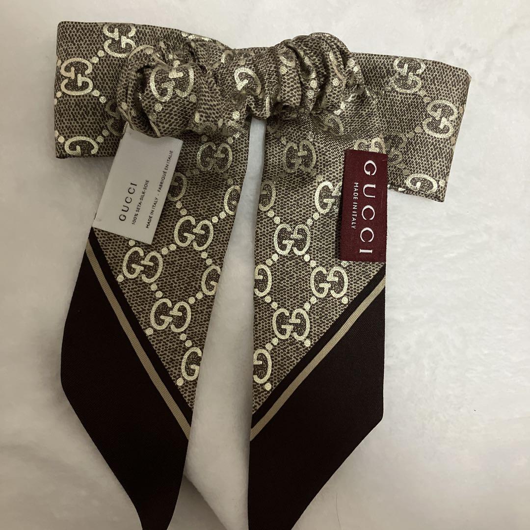 セットアップ GUCCI グッチ ブラウン リボン シュシュ シルクジャカード GG ヘアアクセサリー