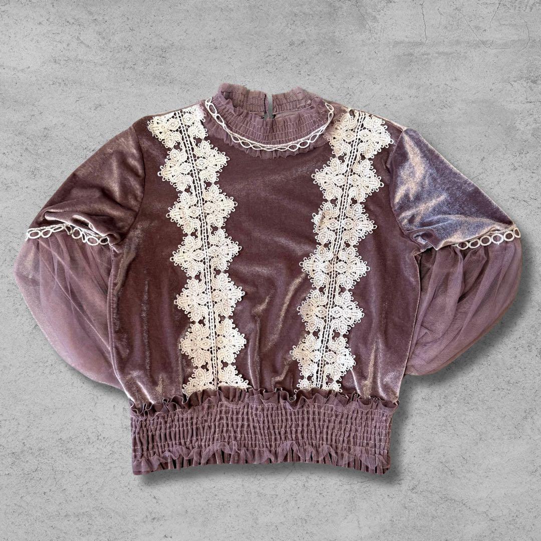00's 　Vintage　ベロア　レース　フリルブラウス　パープル　フェミニン