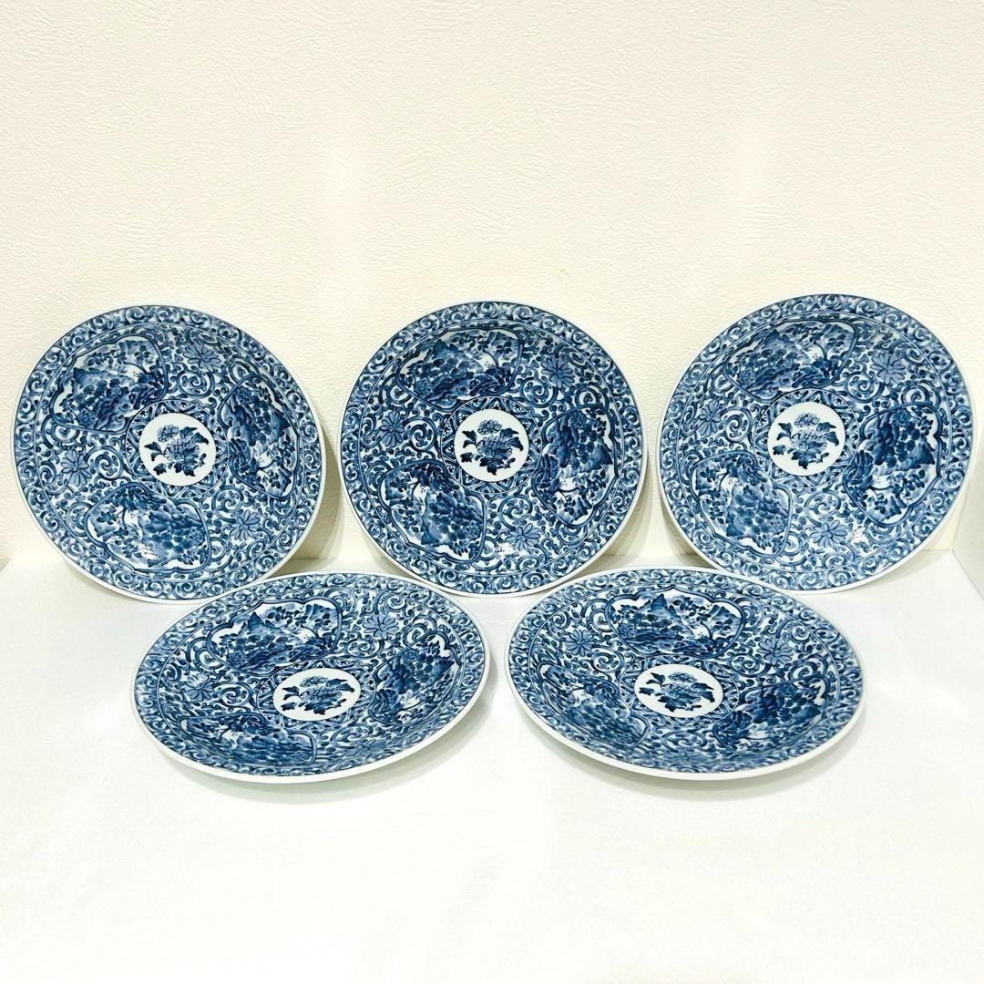⭐️ 美濃焼 庫山窯 角福 染付 蛸唐草 山水文 大皿揃 5客 美品 ⭐️