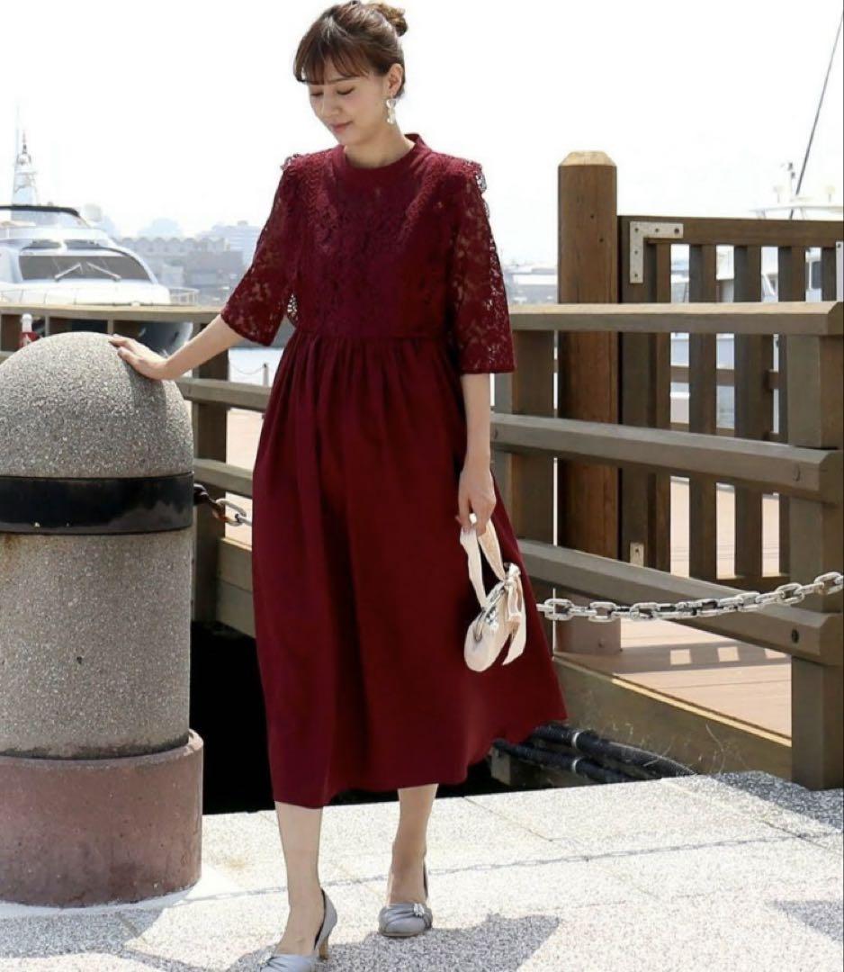 マルレーヌジョベル レース重ドレスワンピース ワインレッド 着丈104