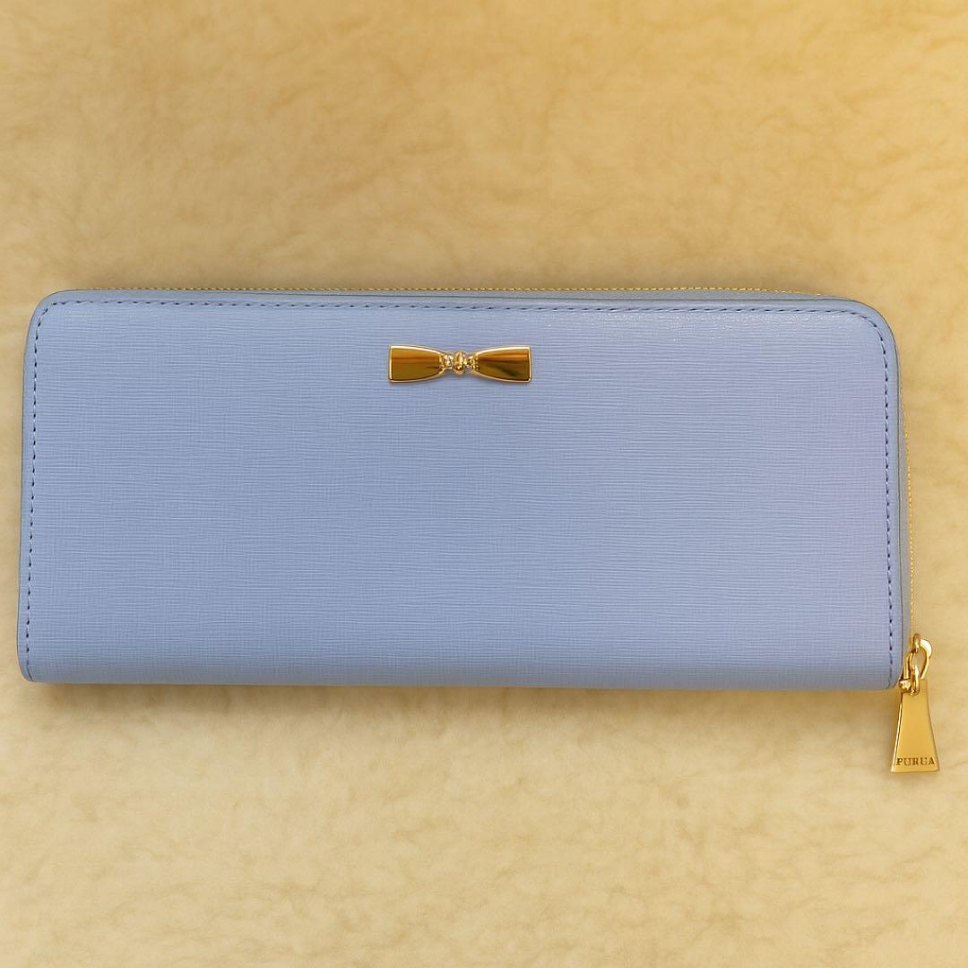 FURLA ライトブルー リボン長財布 ゴールド金具 美品