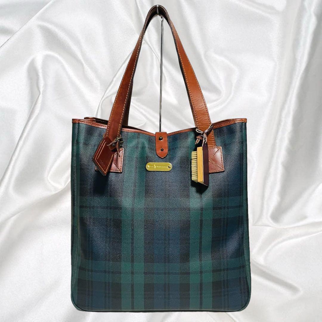 【ポロラルフローレン】美品 PVC×レザー 定番 ブラックウオッチ 大容量