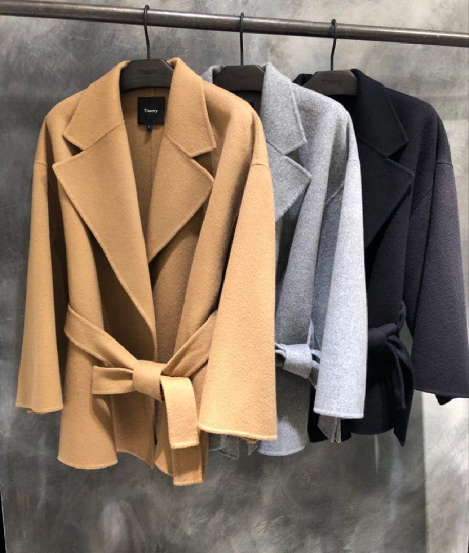 Theory✨カシミヤ混ショートラップコート・共布ベルト付き・ブラック