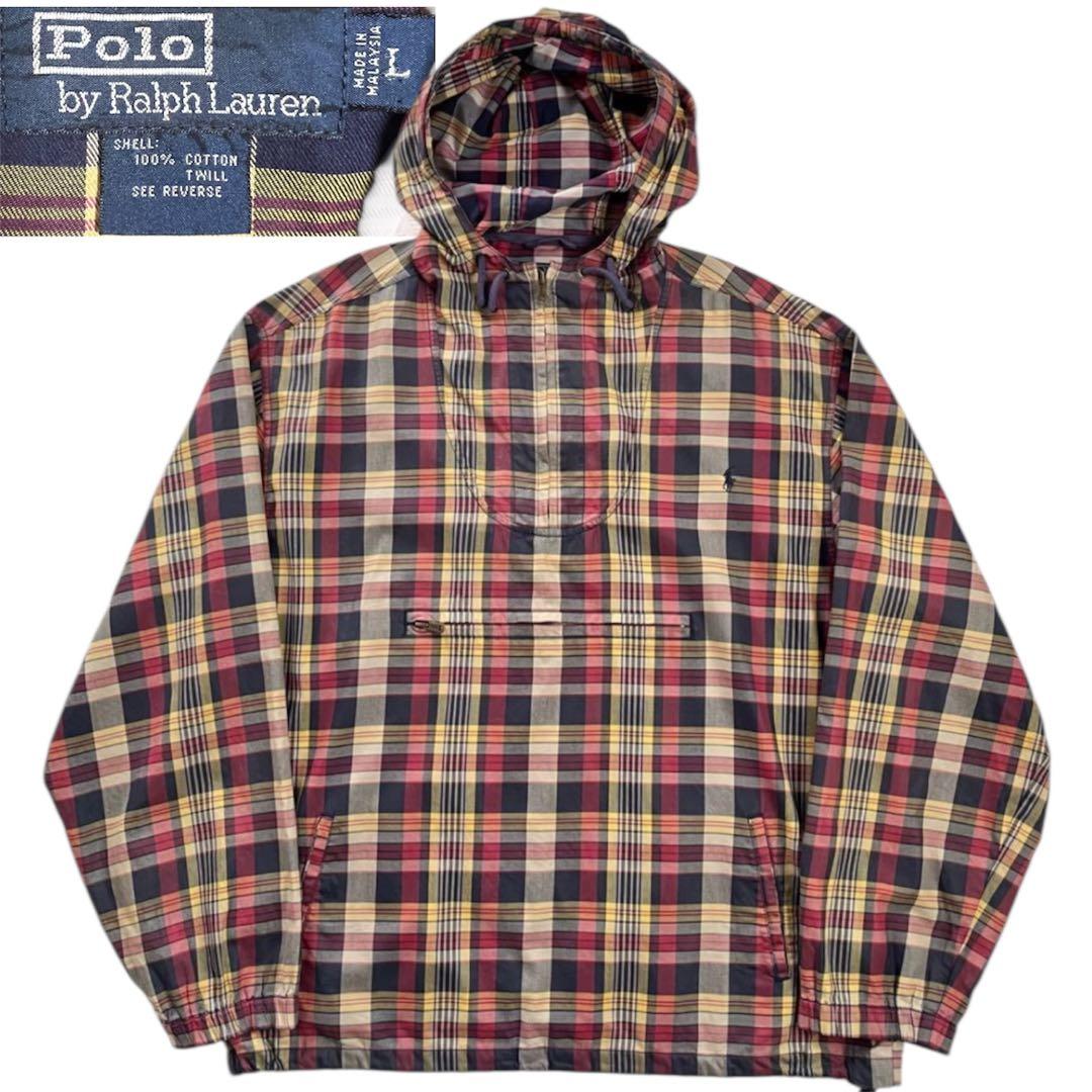 超 90sポロバイラルフローレンコットンアノラックパーカーチェックL・Polo By Ralph Lauren