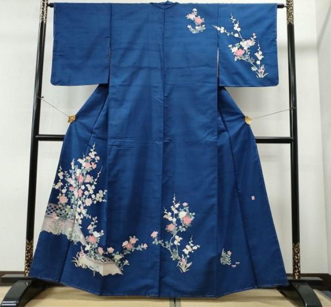 着物リメイクしつけ付き訪問着友禅作家物紬地籬枝花文から