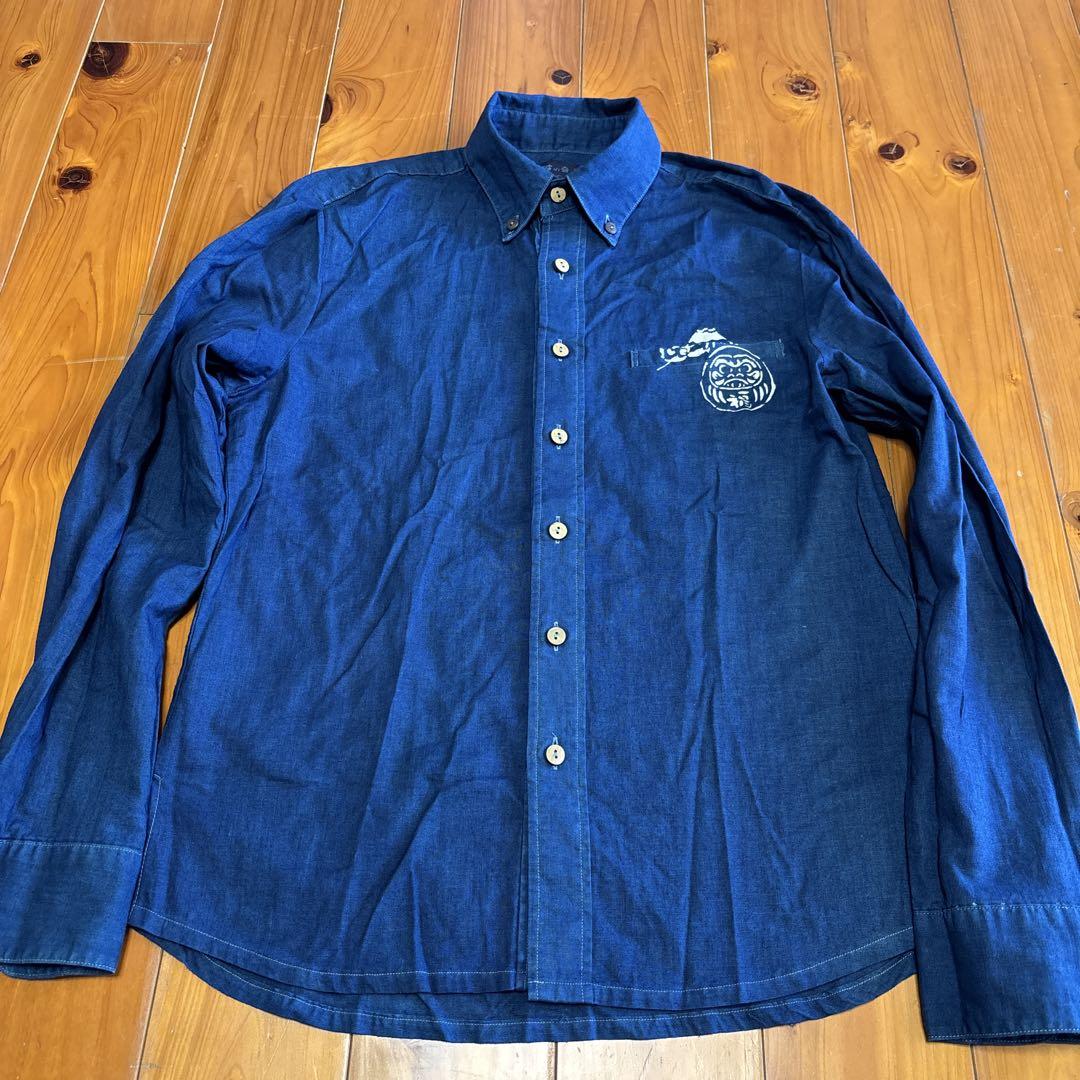 琉球藍染シンプル長袖シャツ Lサイズ 綿麻 ポケット付き だるま柄 竹ボタン