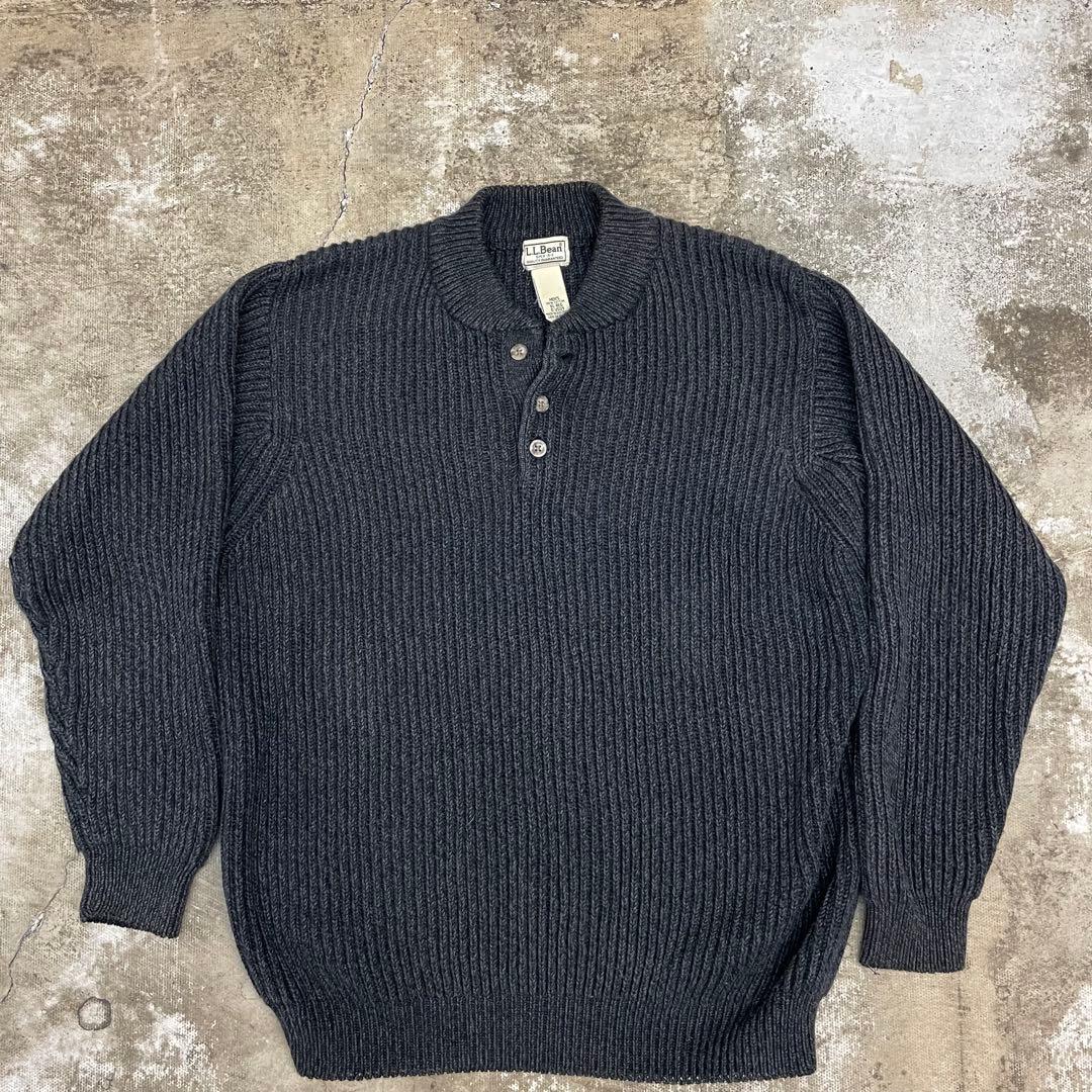 古着　エルエルビーン　ヘンリーネックコットンニット　インディゴ USA製 80s L.L.Bean Henry Neck Indigo Cotton Knit 青 L-LONG