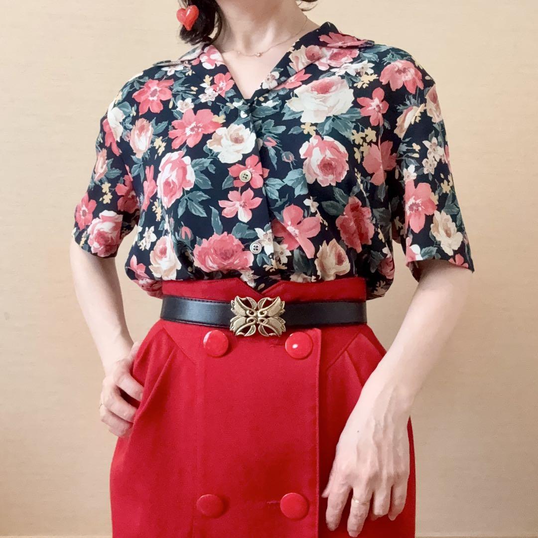 花柄 総柄 開襟 シャツブラウス 昭和レトロ ヴィンテージ 日本製 紺 ピンク