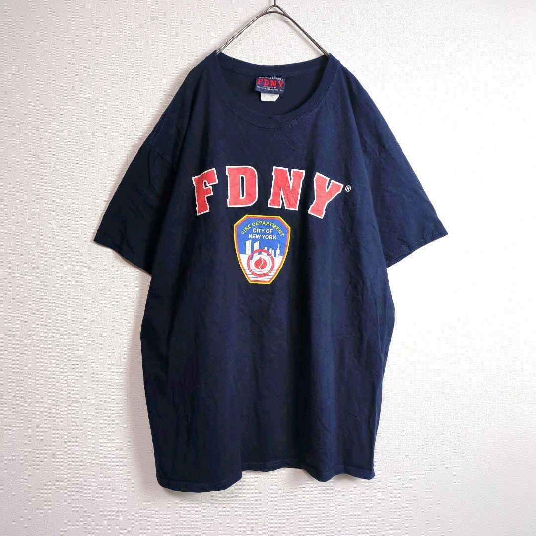 半袖Tシャツ (L) 海外消防局 プリントデザイン 大きいサイズ 紺色系 古着