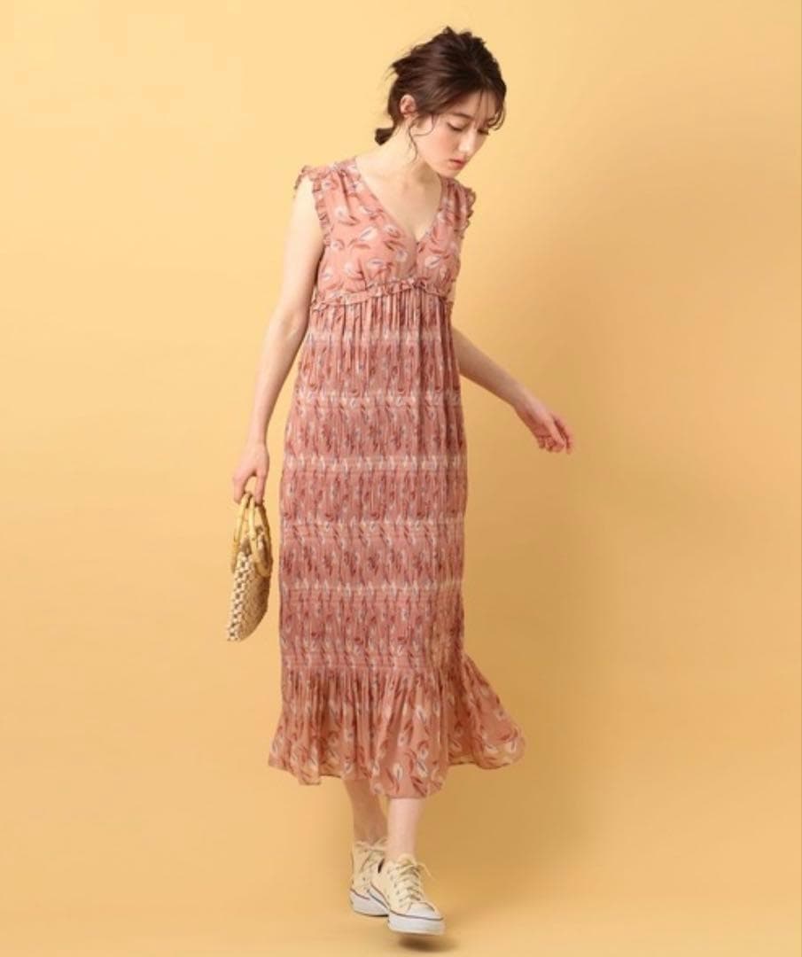 DEICY シフォンフラワープリーツワンピース 花柄 フリル 白 ピンク S