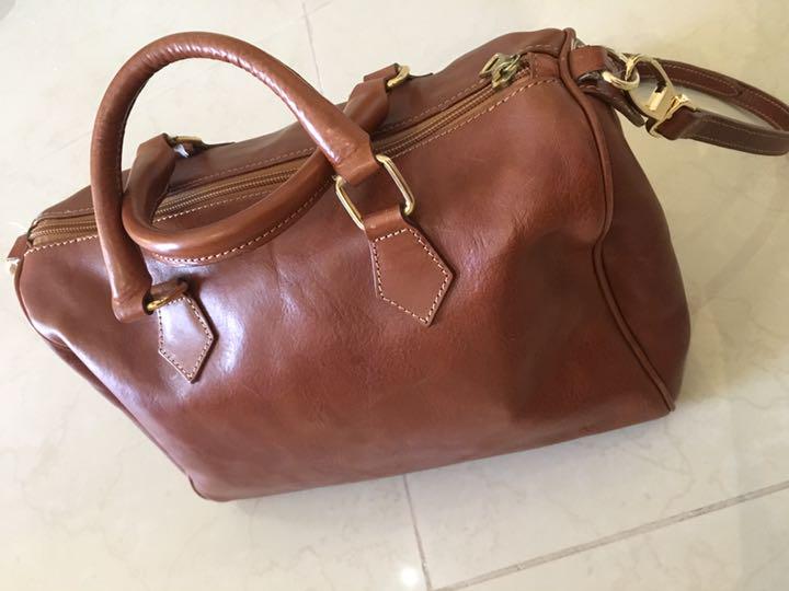 本牛革茶キャメルハンドバッグ ショルダーストラップ付2way