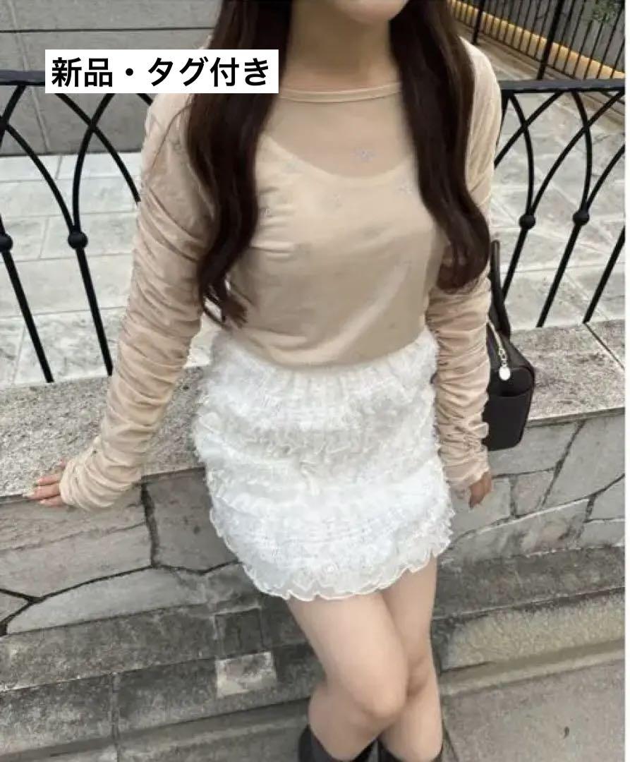 muguet bijou sheer gather tops /beige