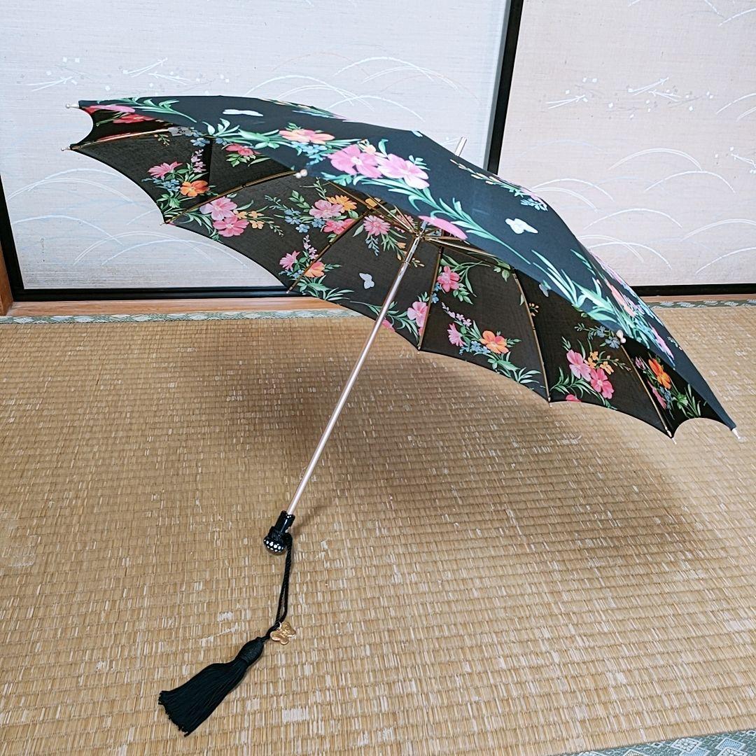トップブランドのファッション ハナエ・モリHANAE MORI日傘ラインストーン花柄黒 小物