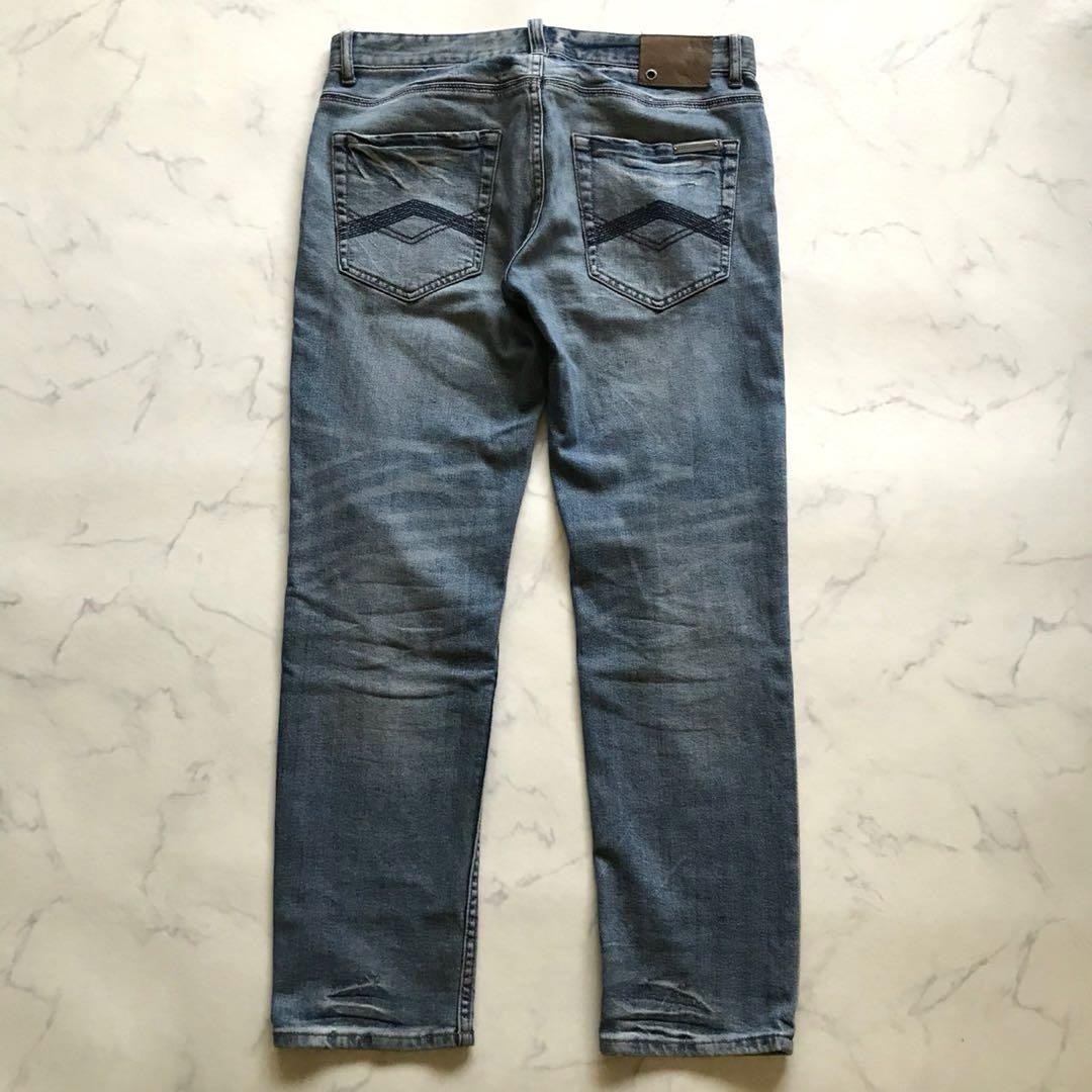 極美品/XL相当○アルマーニ デニムパンツ レザーパッチ ロゴ