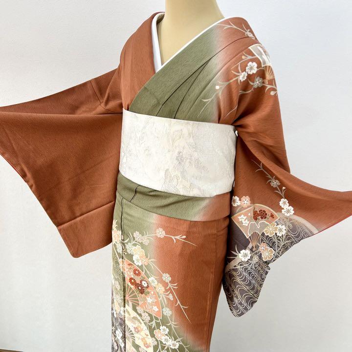 染め分け】正絹 訪問着 扇に花橘 金箔 袷 着物・浴衣