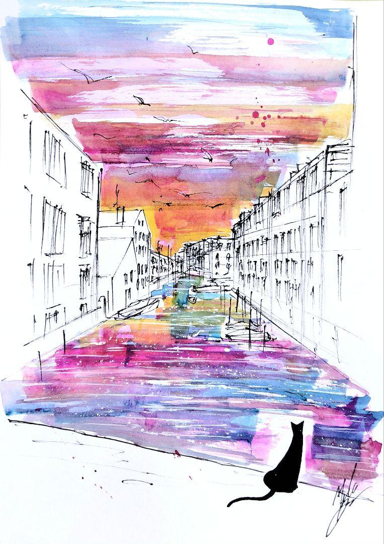 原画#3340　黒猫　夕暮れ　ハワイ　海　水彩画　ドローイング　インテリア　絵画 原画#3811 黒猫 ハワイ 海 水彩画 ドローイング インテリア
