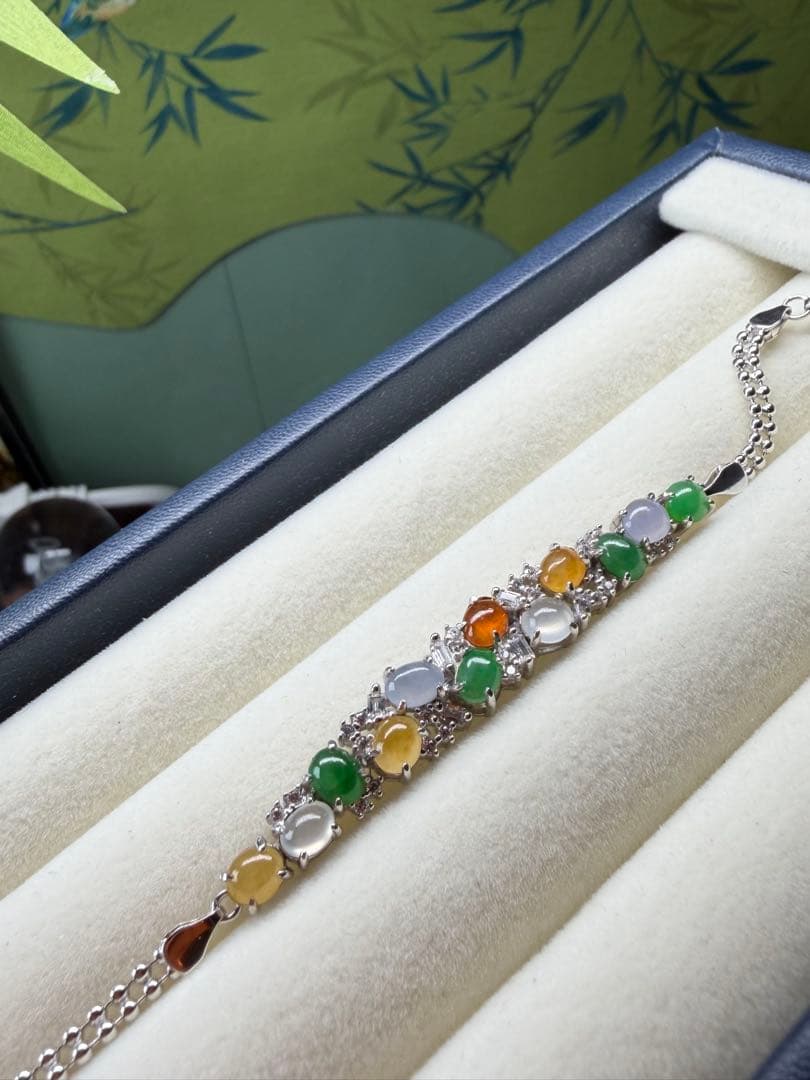 贅沢品 天然本翡翠 シルバー925 クリスタル種多彩翡翠ブレスレット 鑑定書付き