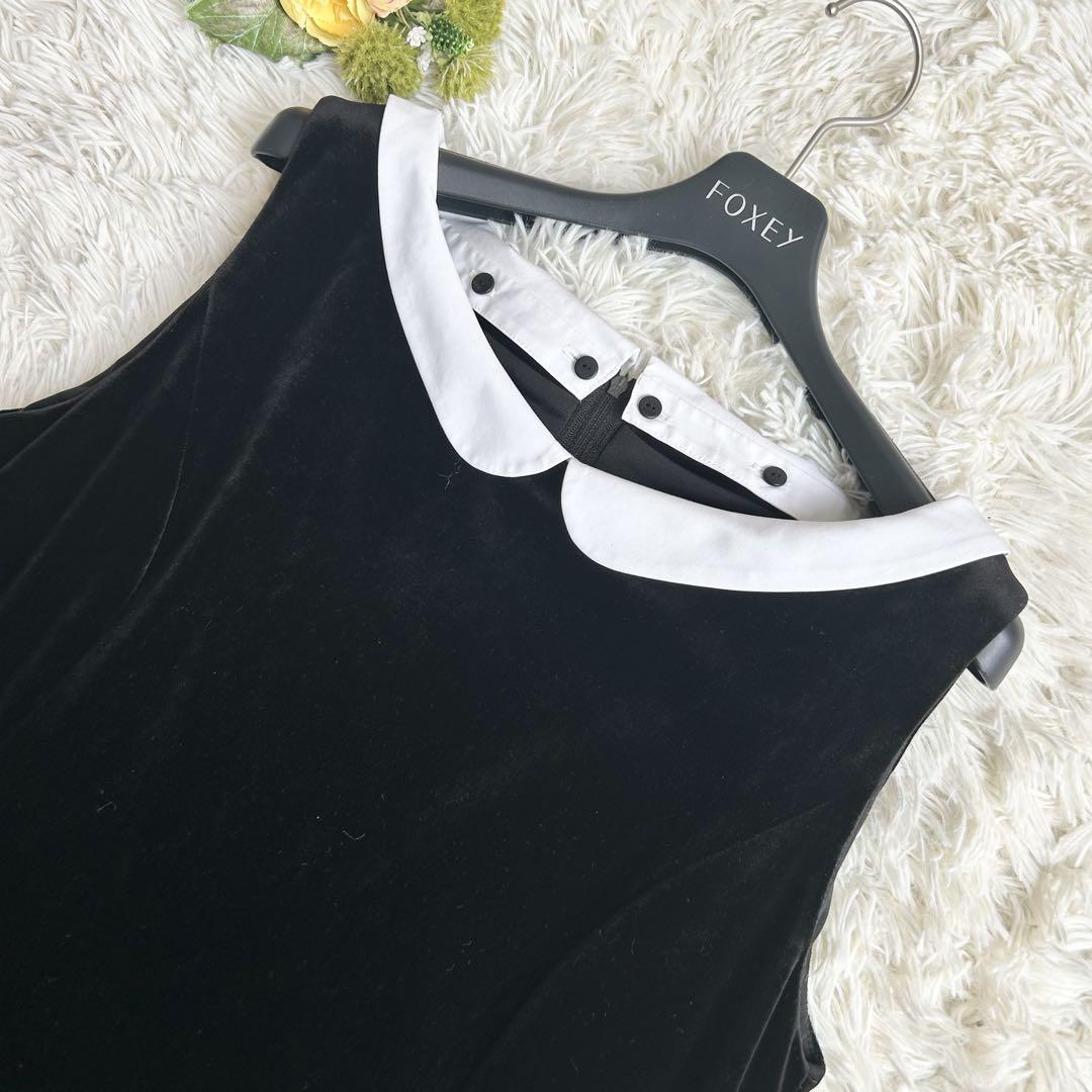 極美品♡フォクシー ベロアワンピース 白襟付き 黒 42/XL 大きい