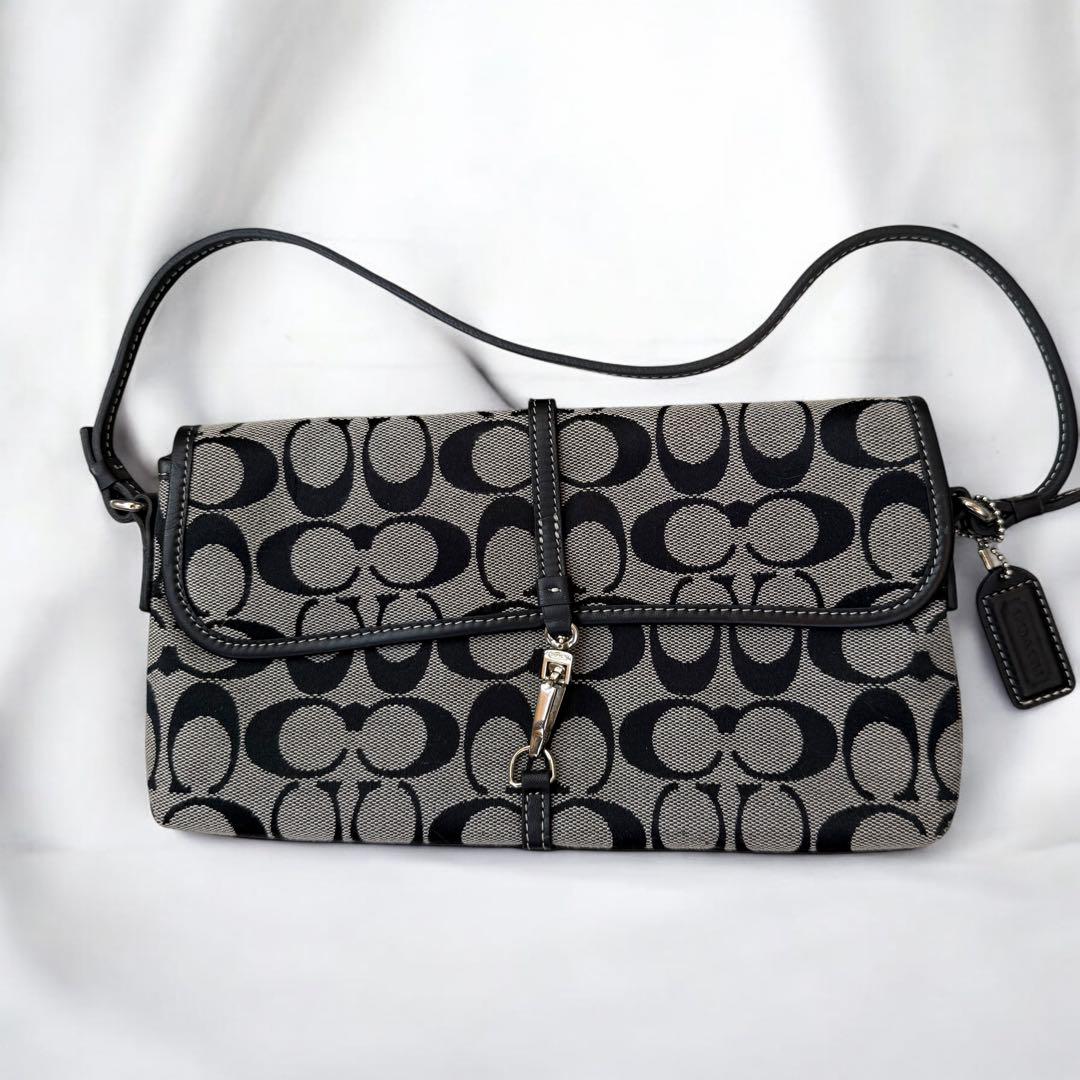 COACH コーチ　美品　アクセサリーポーチ　キャンバス レザー　ブラック