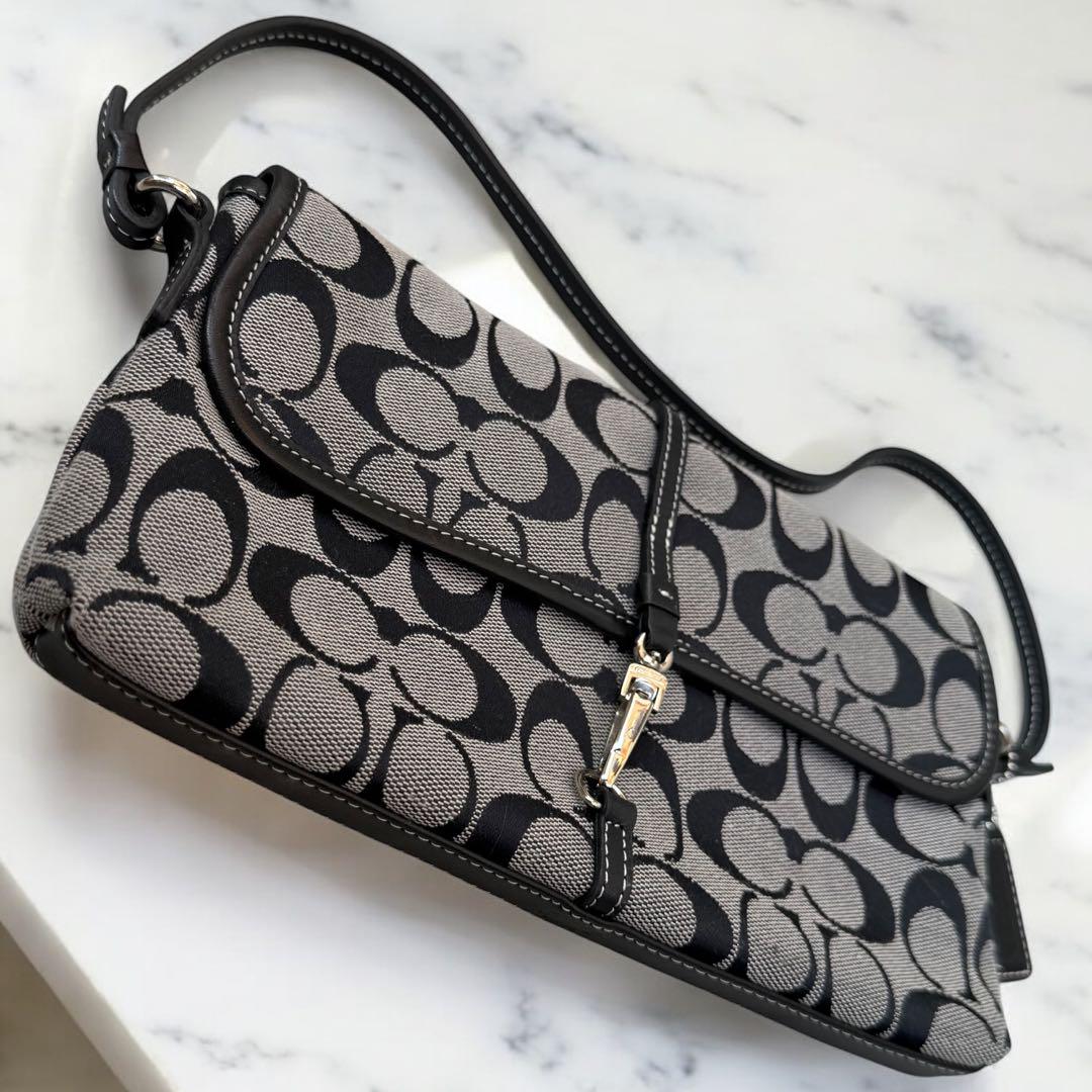 COACH コーチ　美品　アクセサリーポーチ　キャンバス レザー　ブラック