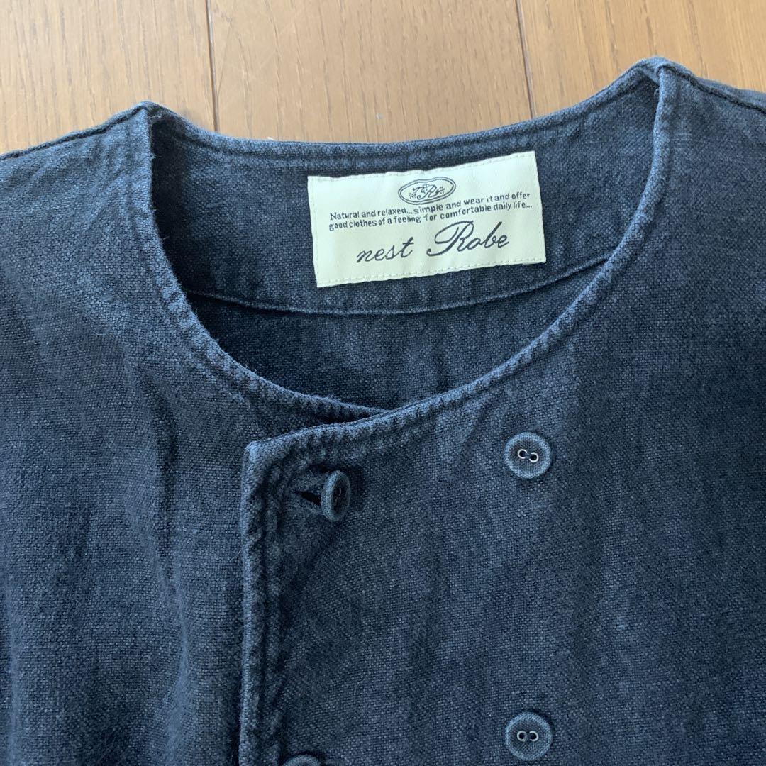 nest Robe リネン　ダブルブレスト　切替ワンピース ブラック　Aライン